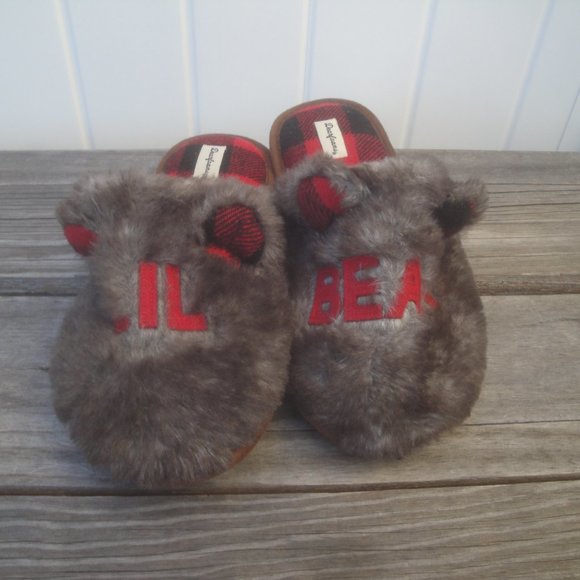 Dearforms Brown with Red "Lil Bear"Faux Fur Scuff Kids slippers w/ ears Size 3-4 - Picture 8 of 9